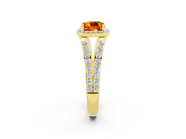 Yellow gold Cushion Cut Citrine Split Shank Halo Ring with Four-Prong Setting