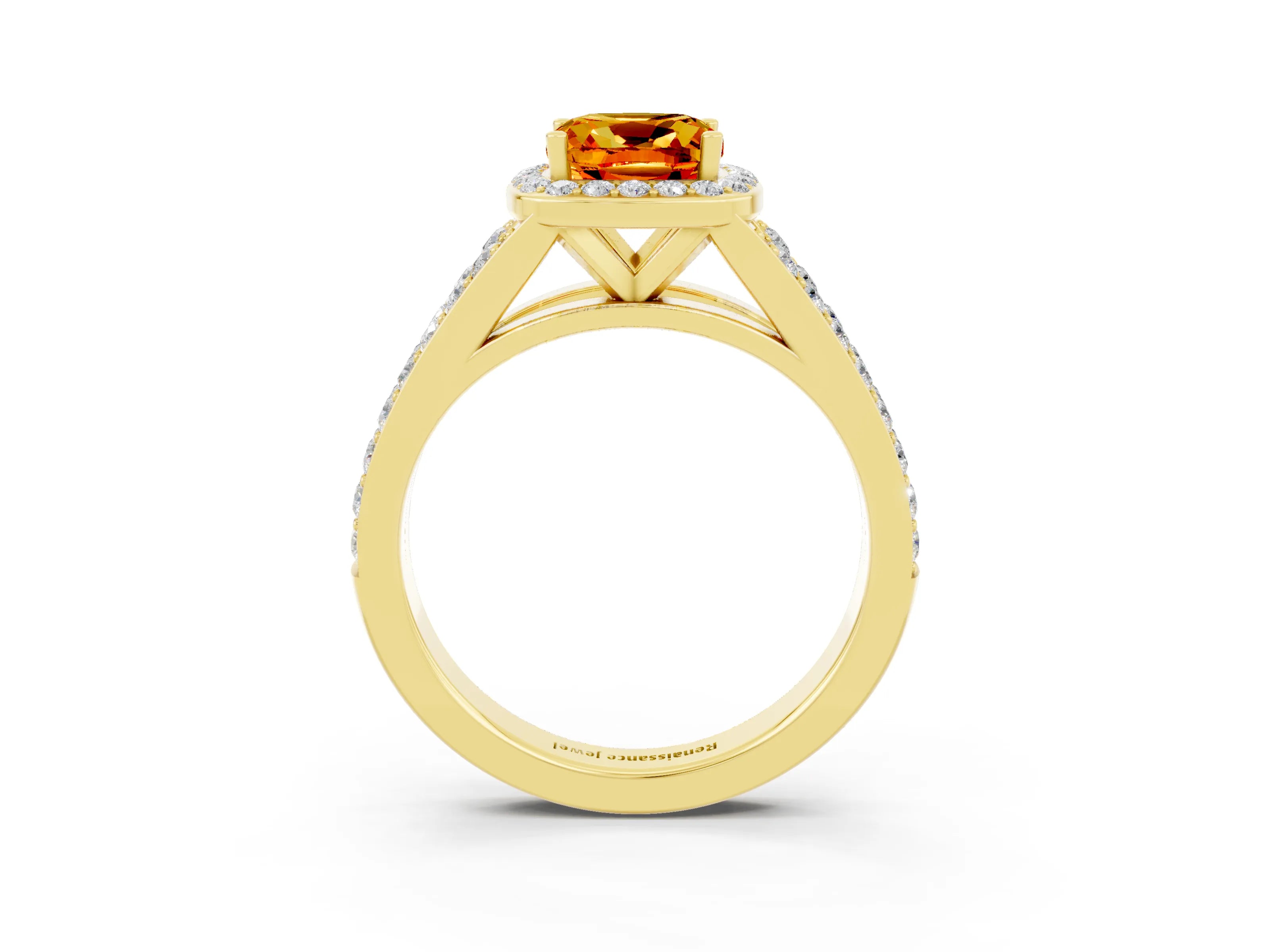 Yellow gold Cushion Cut Citrine Split Shank Halo Ring with Four-Prong Setting_15