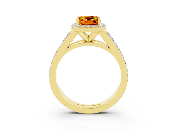 Yellow gold Cushion Cut Citrine Split Shank Halo Ring with Four-Prong Setting
