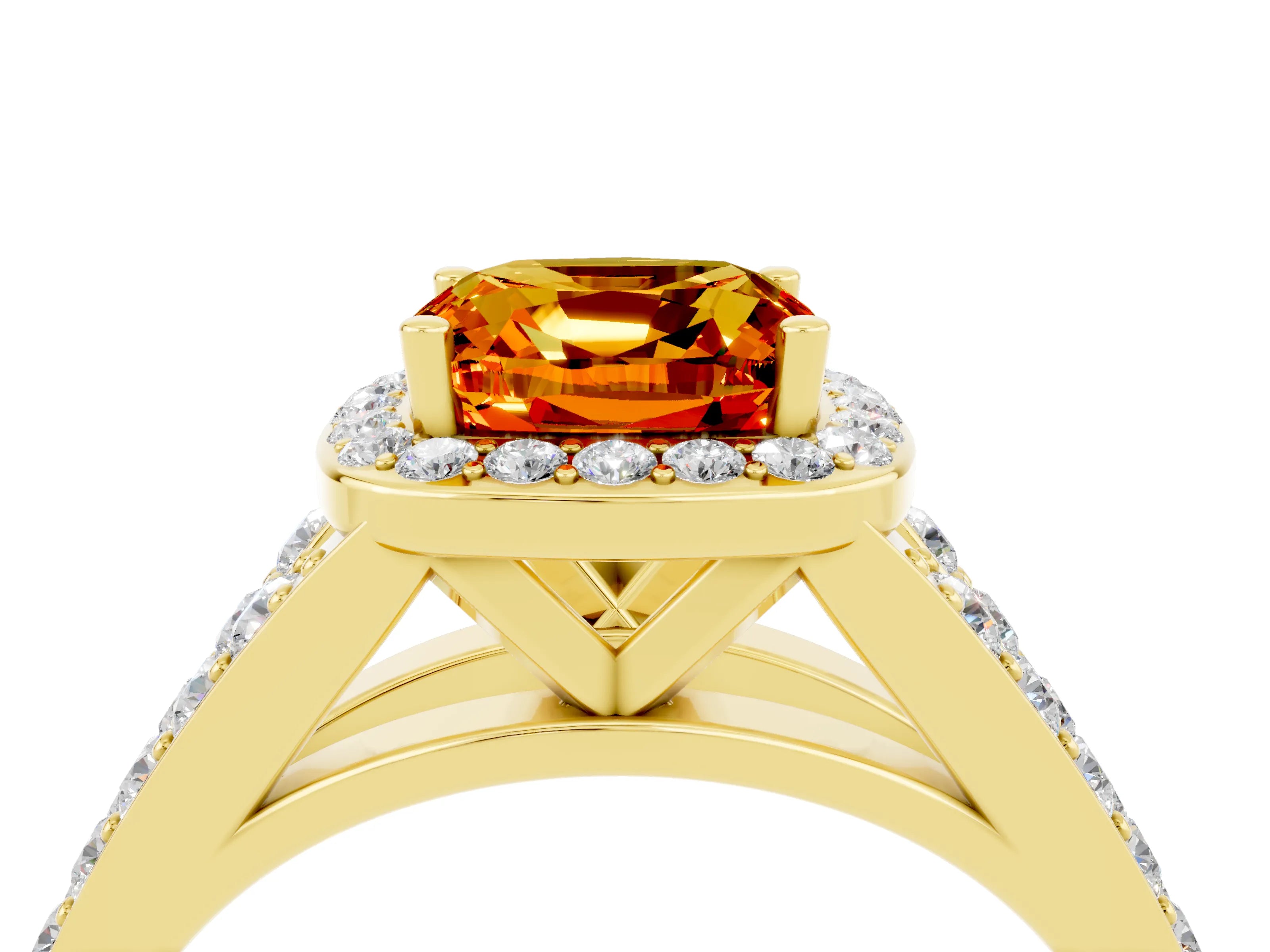 Yellow gold Cushion Cut Citrine Split Shank Halo Ring with Four-Prong Setting_16