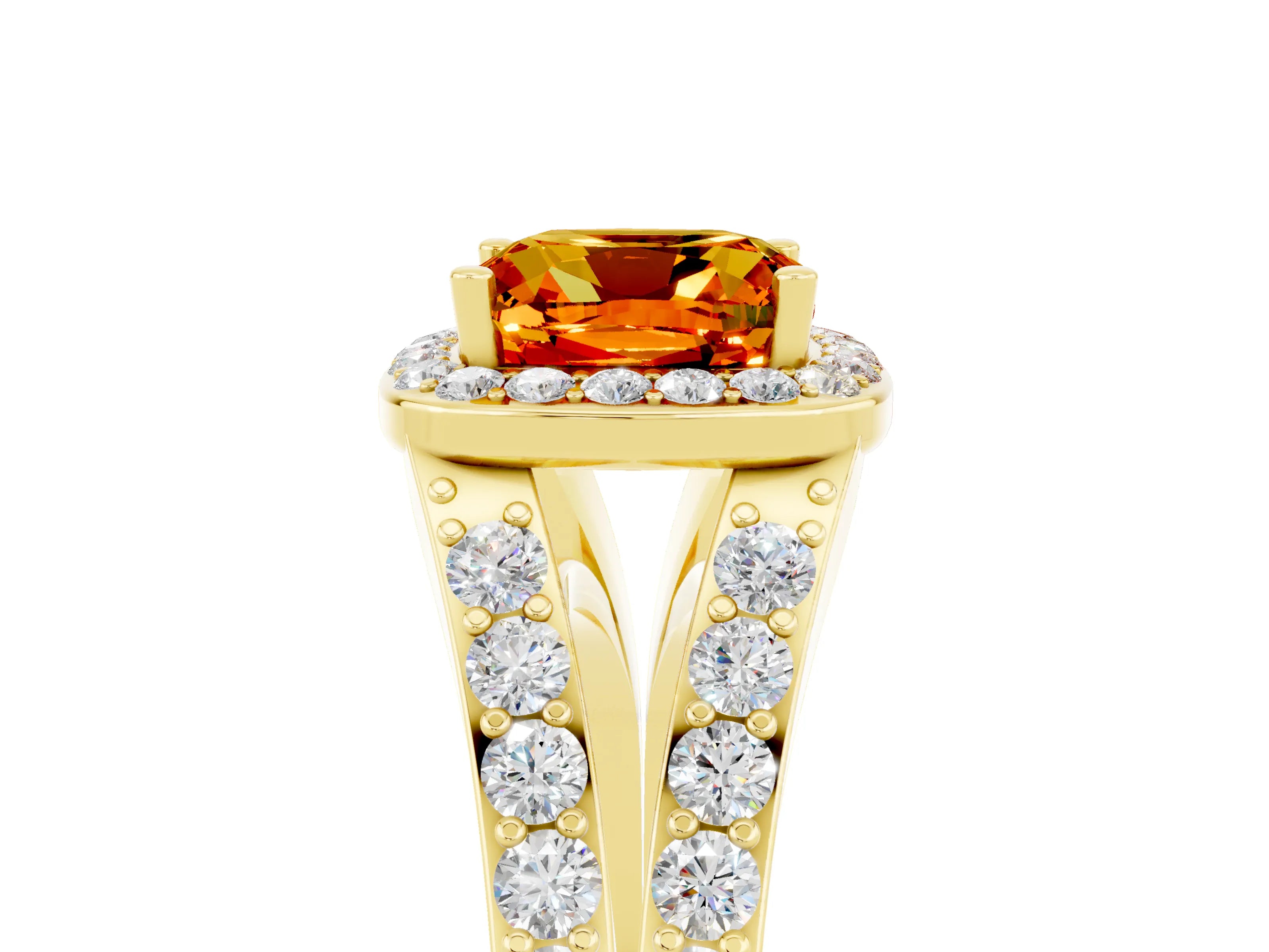 Yellow gold Cushion Cut Citrine Split Shank Halo Ring with Four-Prong Setting_17