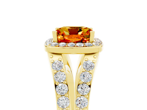 Yellow gold Cushion Cut Citrine Split Shank Halo Ring with Four-Prong Setting_17