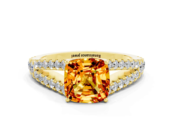 Yellow gold Cushion Cut Citrine Split Shank Pavé Engagement Ring with Four-Prong Setting