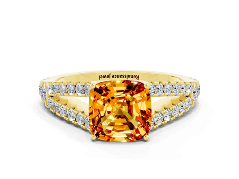 Yellow gold Cushion Cut Citrine Split Shank Pavé Engagement Ring with Four-Prong Setting_12