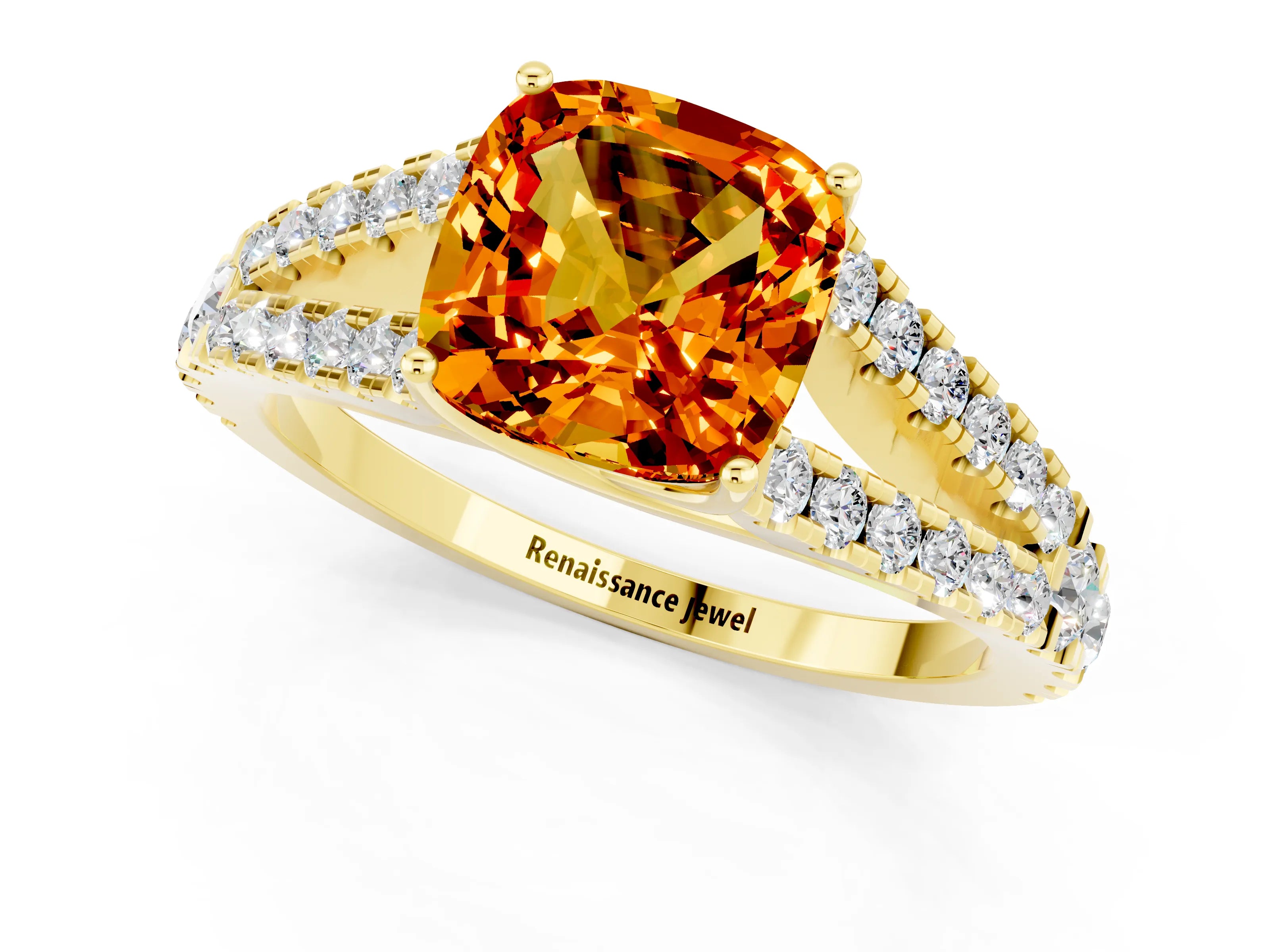 Yellow gold Cushion Cut Citrine Split Shank Pavé Engagement Ring with Four-Prong Setting_13