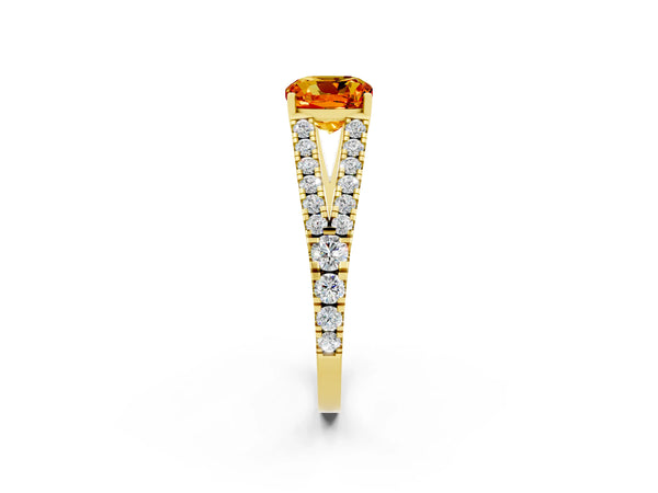 Yellow gold Cushion Cut Citrine Split Shank Pavé Engagement Ring with Four-Prong Setting