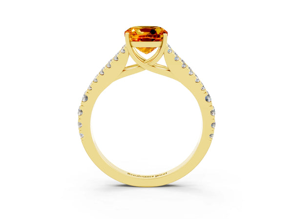 Yellow gold Cushion Cut Citrine Split Shank Pavé Engagement Ring with Four-Prong Setting