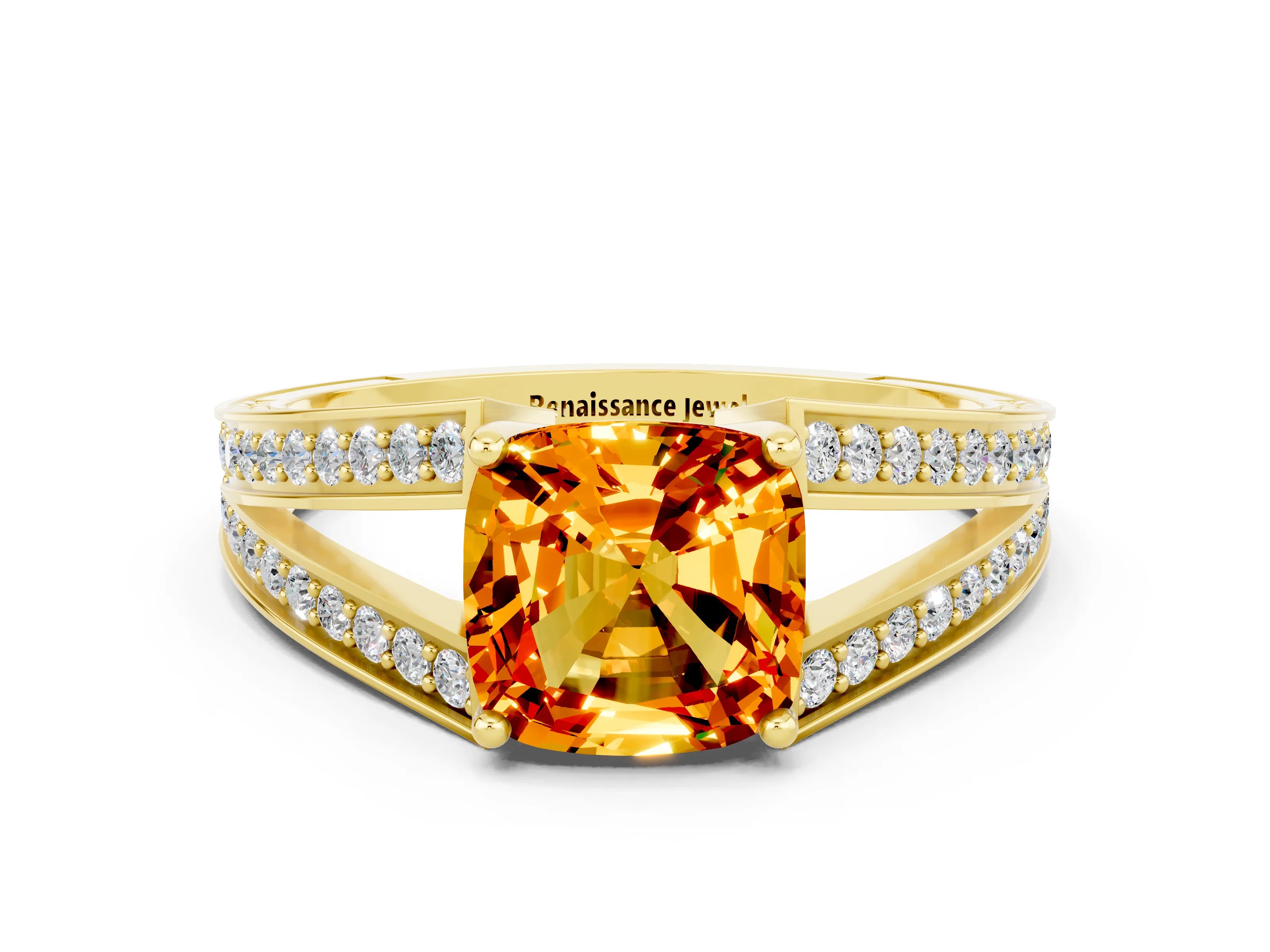 Yellow gold Cushion Cut Citrine Split Shank Ring with Pavé Band and Four-Prong Setting