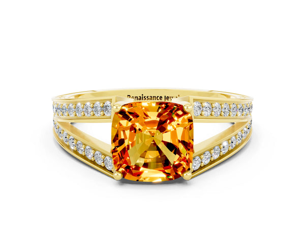 Yellow gold Cushion Cut Citrine Split Shank Ring with Pavé Band and Four-Prong Setting