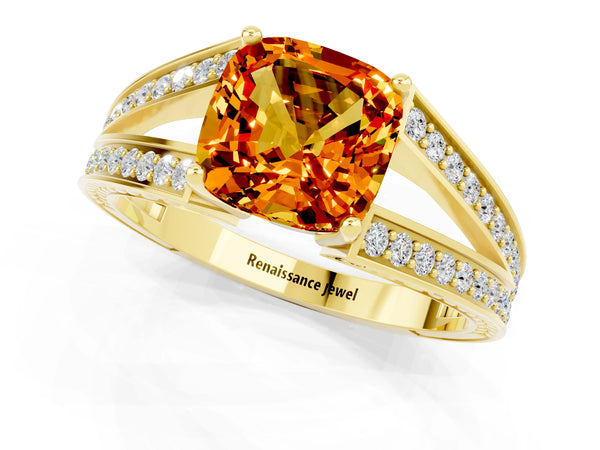 Yellow gold Cushion Cut Citrine Split Shank Ring with Pavé Band and Four-Prong Setting