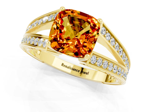 Yellow gold Cushion Cut Citrine Split Shank Ring with Pavé Band and Four-Prong Setting_1
