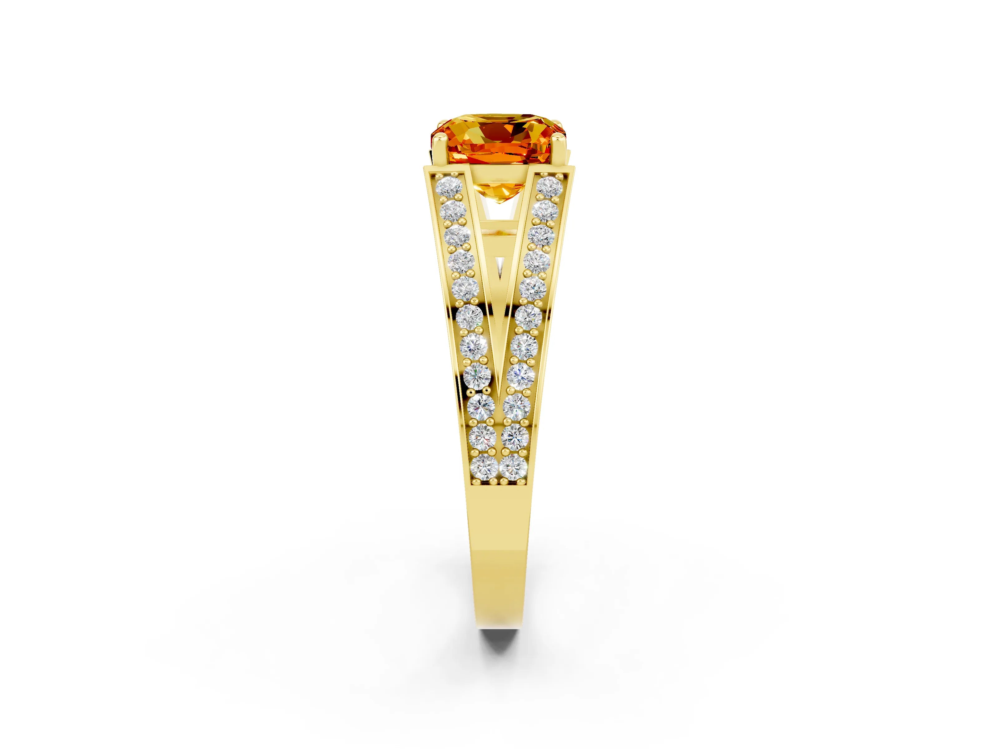 Yellow gold Cushion Cut Citrine Split Shank Ring with Pavé Band and Four-Prong Setting_2