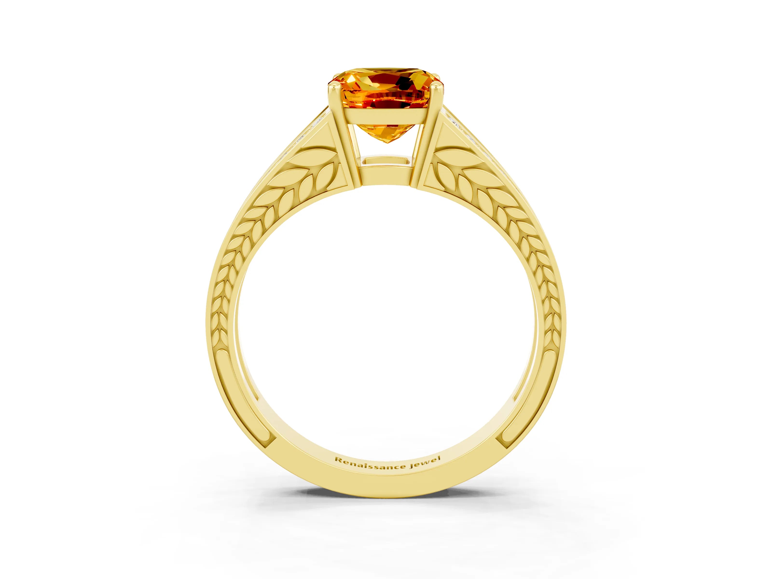 Yellow gold Cushion Cut Citrine Split Shank Ring with Pavé Band and Four-Prong Setting_3