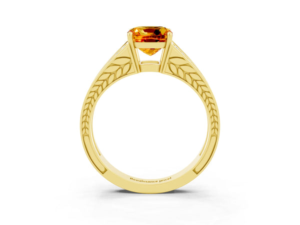 Yellow gold Cushion Cut Citrine Split Shank Ring with Pavé Band and Four-Prong Setting