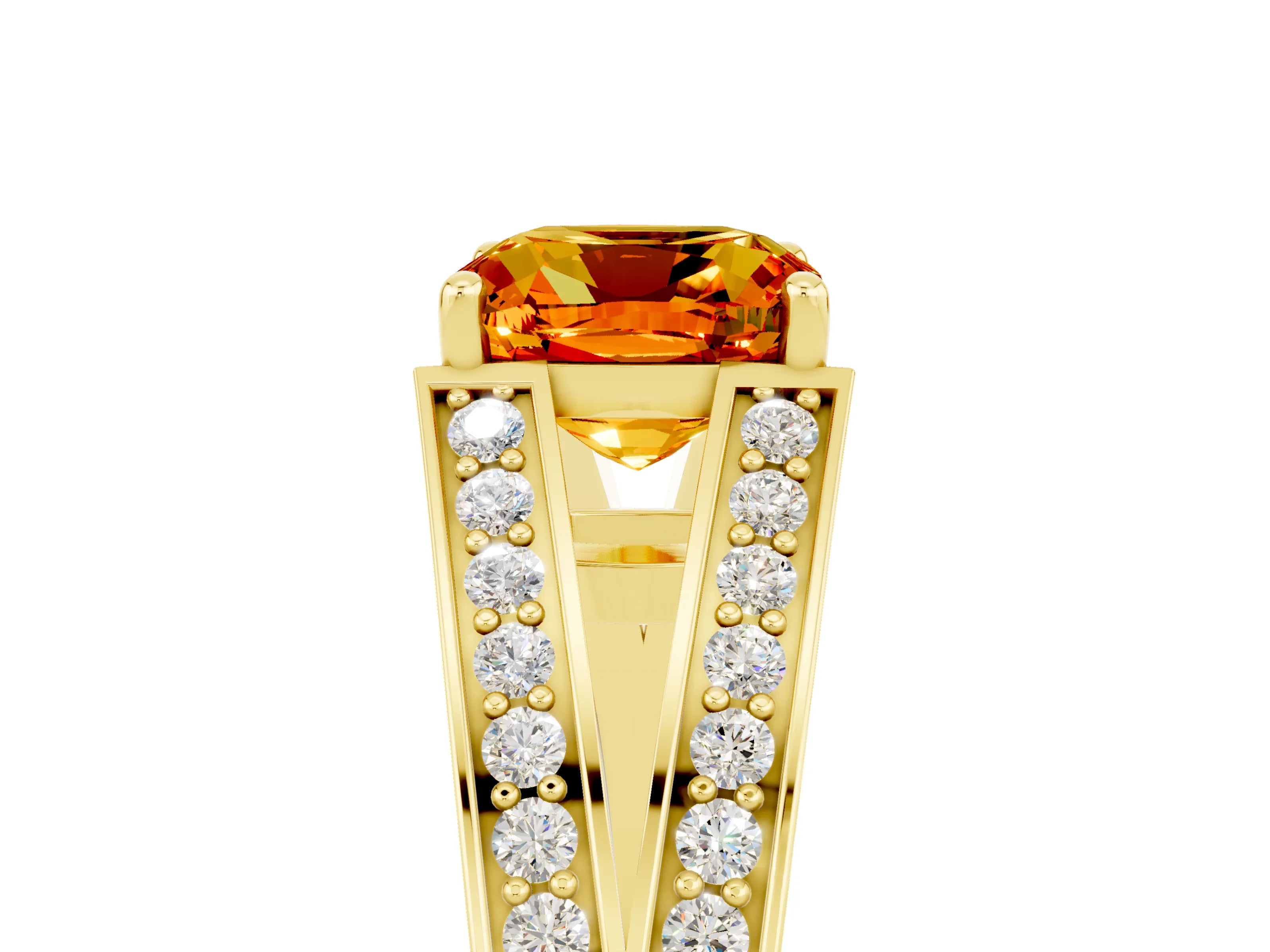 Yellow gold Cushion Cut Citrine Split Shank Ring with Pavé Band and Four-Prong Setting_5