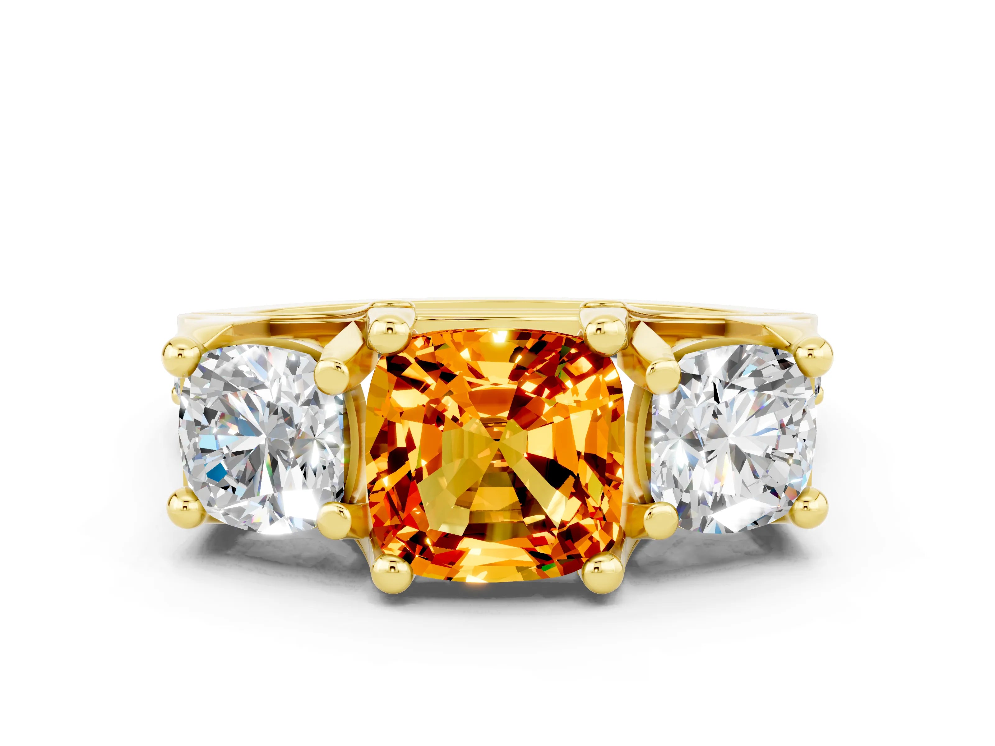 Yellow gold Cushion Cut Citrine Three-Stone Ring with Channel Set Band and Four-Prong Setting