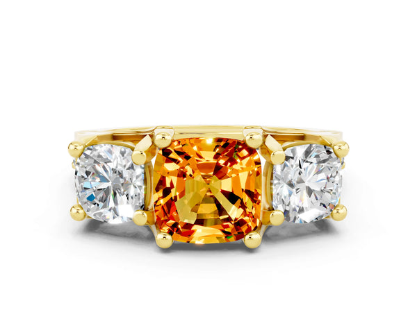 Yellow gold Cushion Cut Citrine Three-Stone Ring with Channel Set Band and Four-Prong Setting