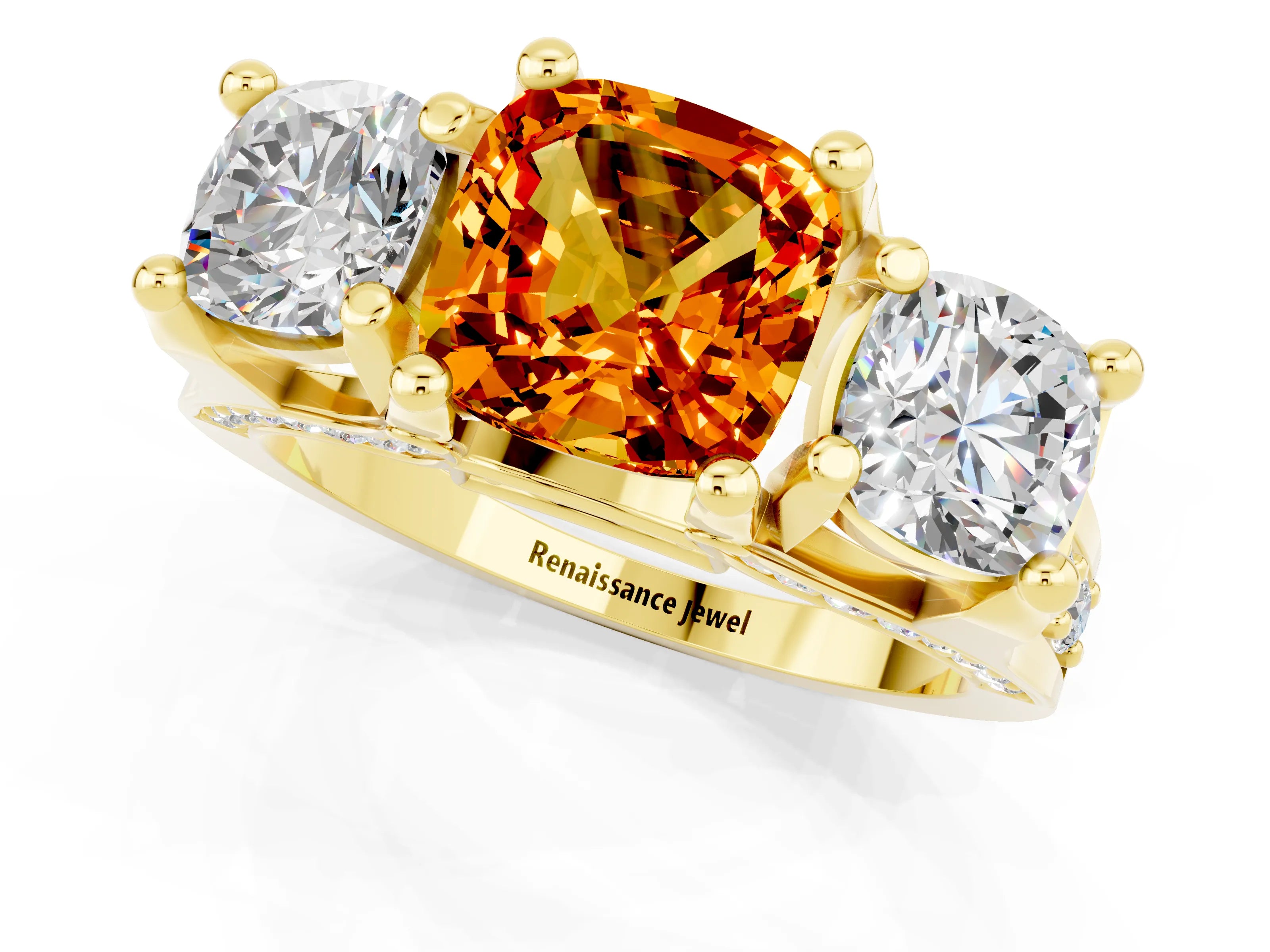 Yellow gold Cushion Cut Citrine Three-Stone Ring with Channel Set Band and Four-Prong Setting_1