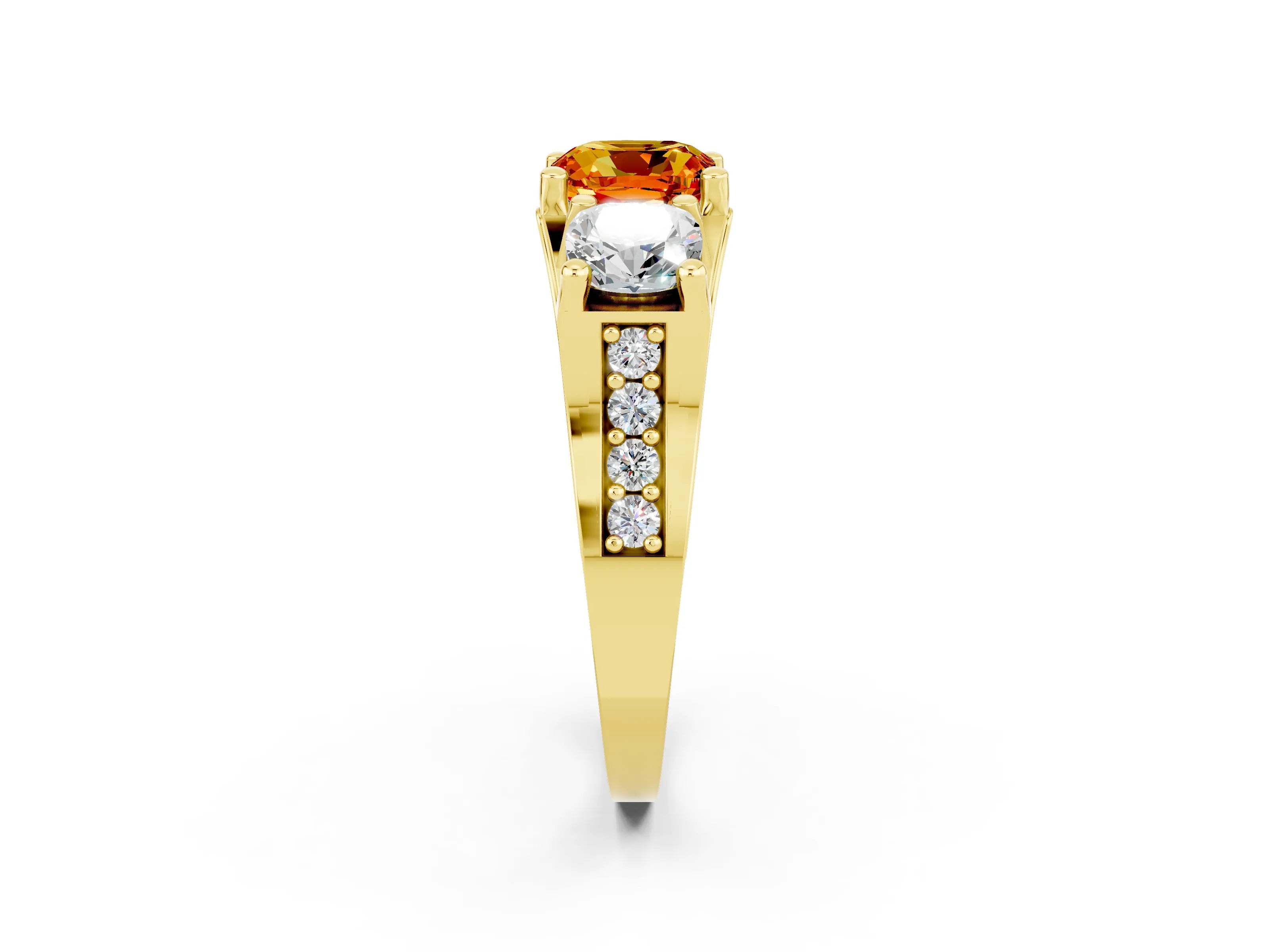 Yellow gold Cushion Cut Citrine Three-Stone Ring with Channel Set Band and Four-Prong Setting_2