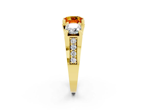 Yellow gold Cushion Cut Citrine Three-Stone Ring with Channel Set Band and Four-Prong Setting