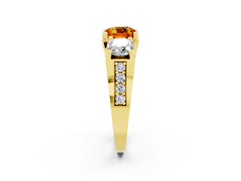 Yellow gold Cushion Cut Citrine Three-Stone Ring with Channel Set Band and Four-Prong Setting_2