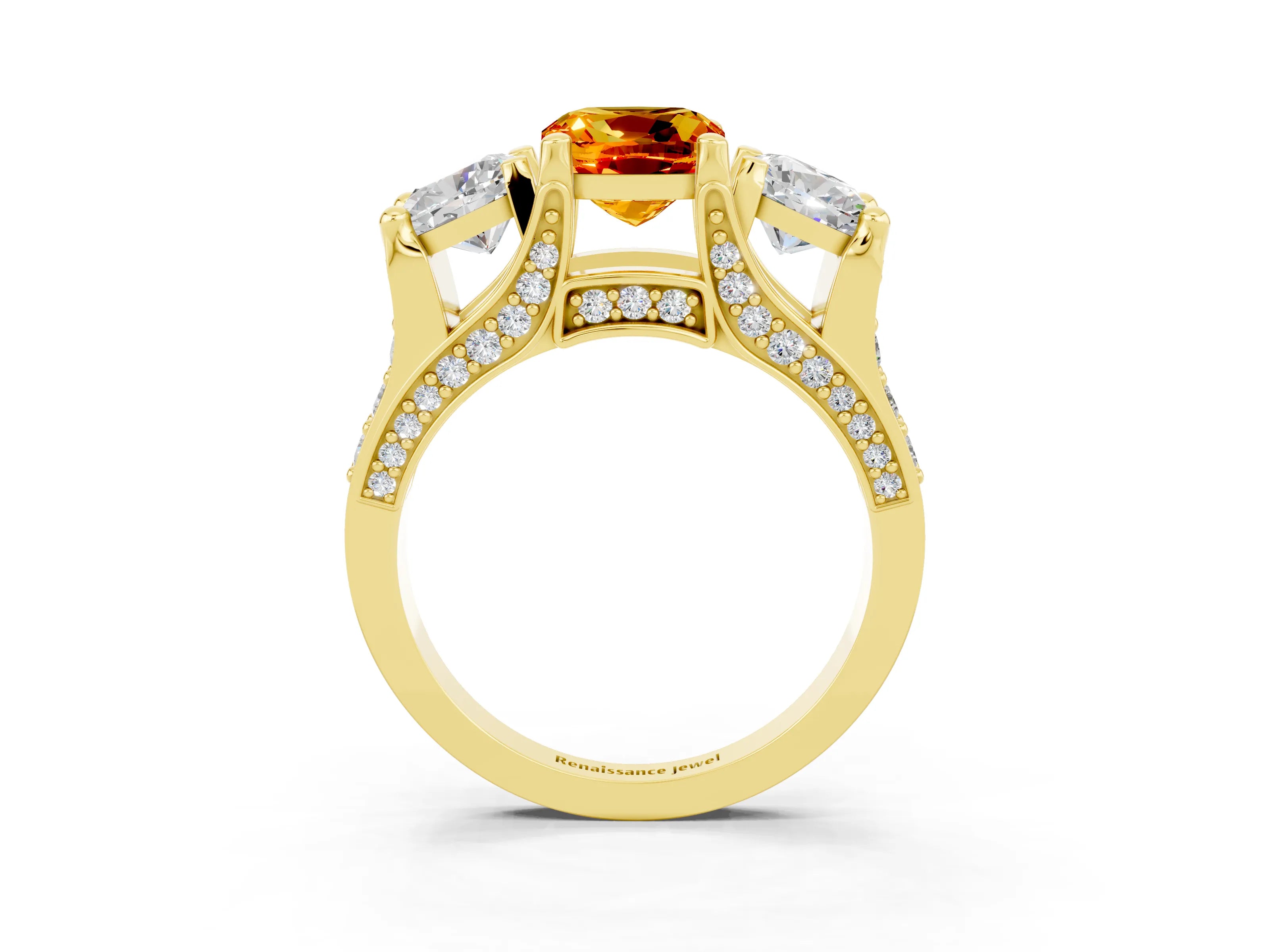 Yellow gold Cushion Cut Citrine Three-Stone Ring with Channel Set Band and Four-Prong Setting_3