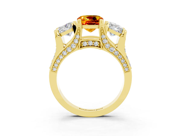Yellow gold Cushion Cut Citrine Three-Stone Ring with Channel Set Band and Four-Prong Setting