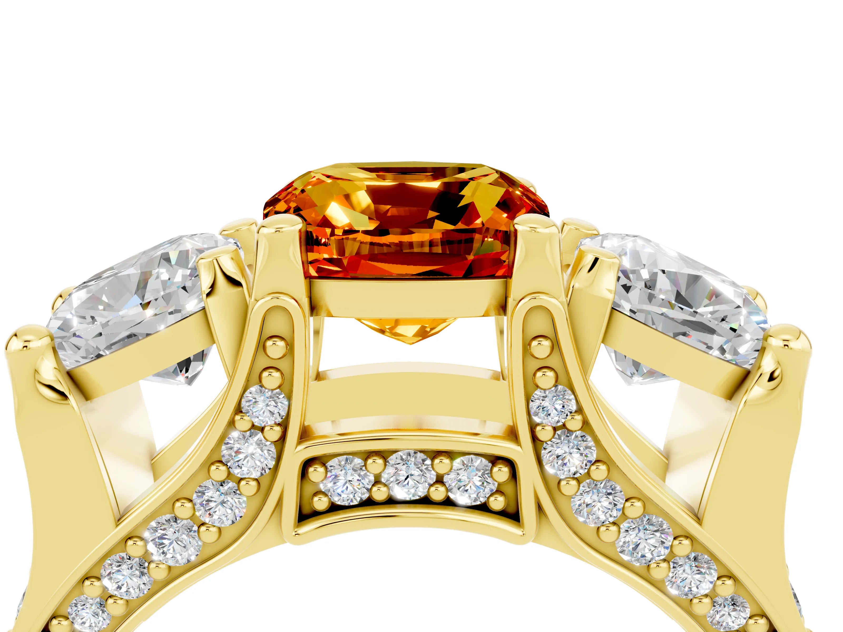 Yellow gold Cushion Cut Citrine Three-Stone Ring with Channel Set Band and Four-Prong Setting_4