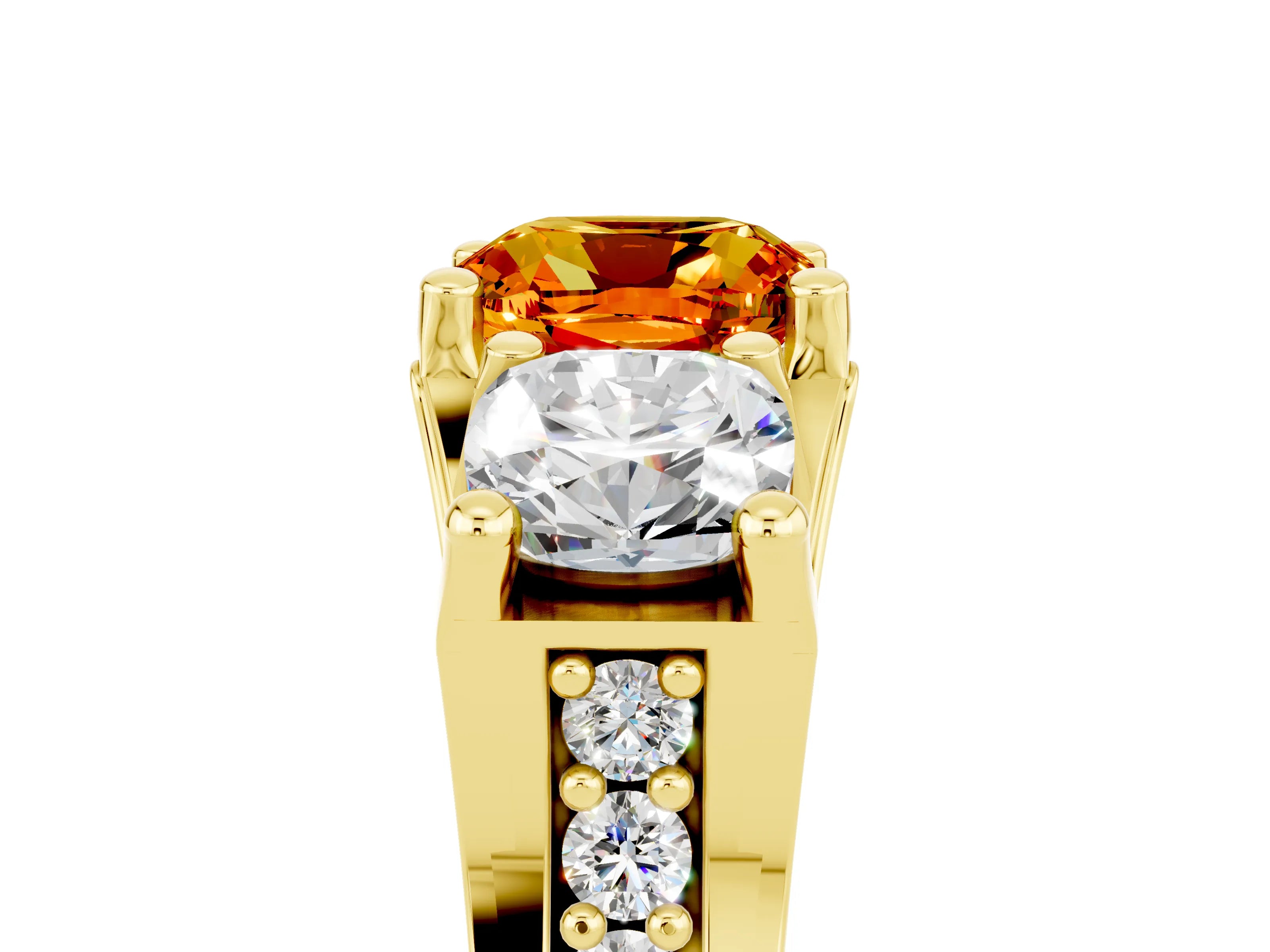 Yellow gold Cushion Cut Citrine Three-Stone Ring with Channel Set Band and Four-Prong Setting_5