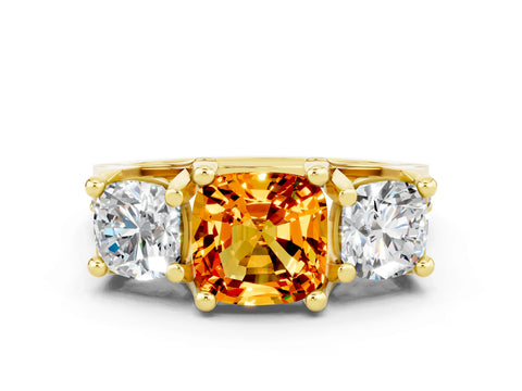 Yellow gold Cushion Cut Citrine Three-Stone Ring with Channel Set Band and Four-Prong Setting