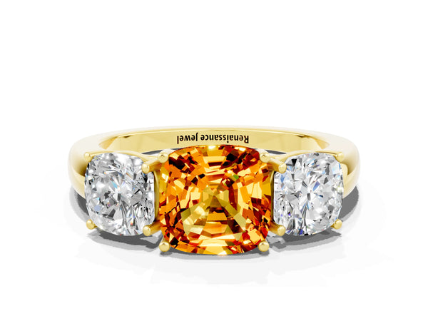 Yellow gold Cushion Cut Citrine Three-Stone Ring with Four-Prong Setting and Classic Band