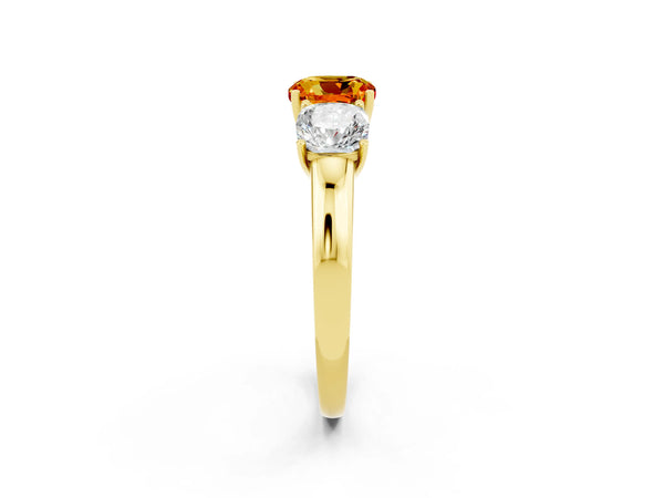 Yellow gold Cushion Cut Citrine Three-Stone Ring with Four-Prong Setting and Classic Band