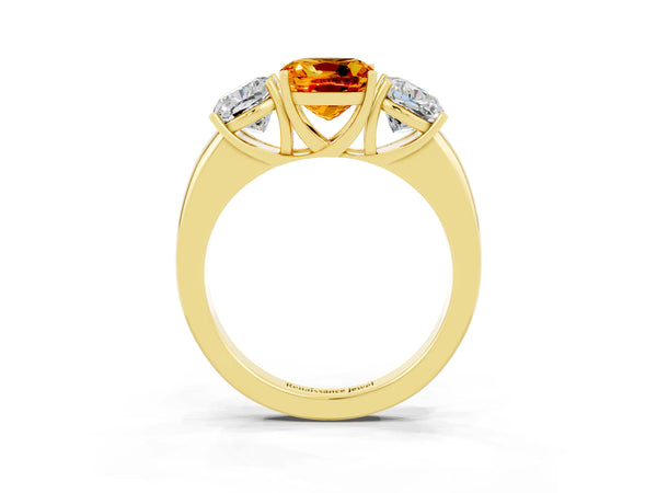 Yellow gold Cushion Cut Citrine Three-Stone Ring with Four-Prong Setting and Classic Band