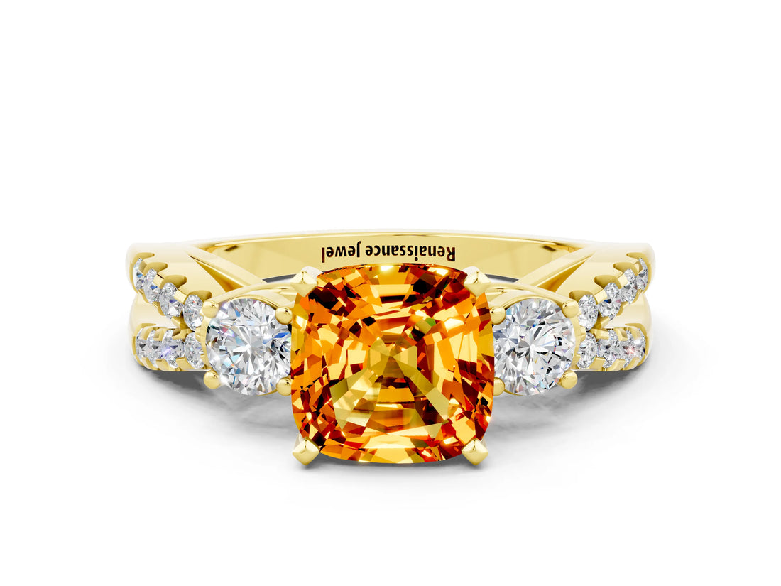 Yellow gold Cushion Cut Citrine Three-Stone Ring with Pavé Split Shank and Four-Prong Setting_12
