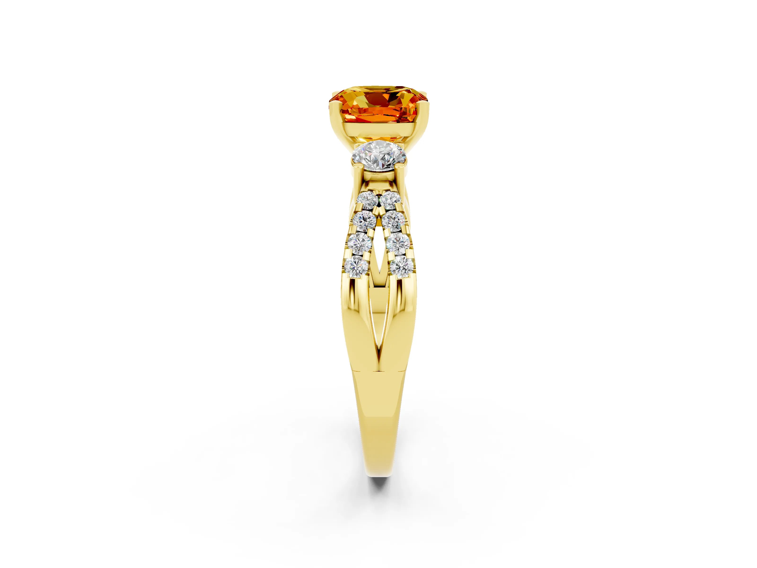 Yellow gold Cushion Cut Citrine Three-Stone Ring with Pavé Split Shank and Four-Prong Setting_14