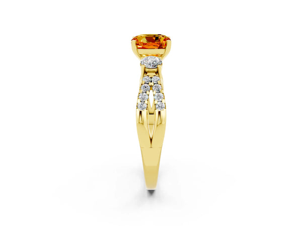 Yellow gold Cushion Cut Citrine Three-Stone Ring with Pavé Split Shank and Four-Prong Setting