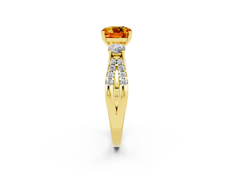 Yellow gold Cushion Cut Citrine Three-Stone Ring with Pavé Split Shank and Four-Prong Setting_14