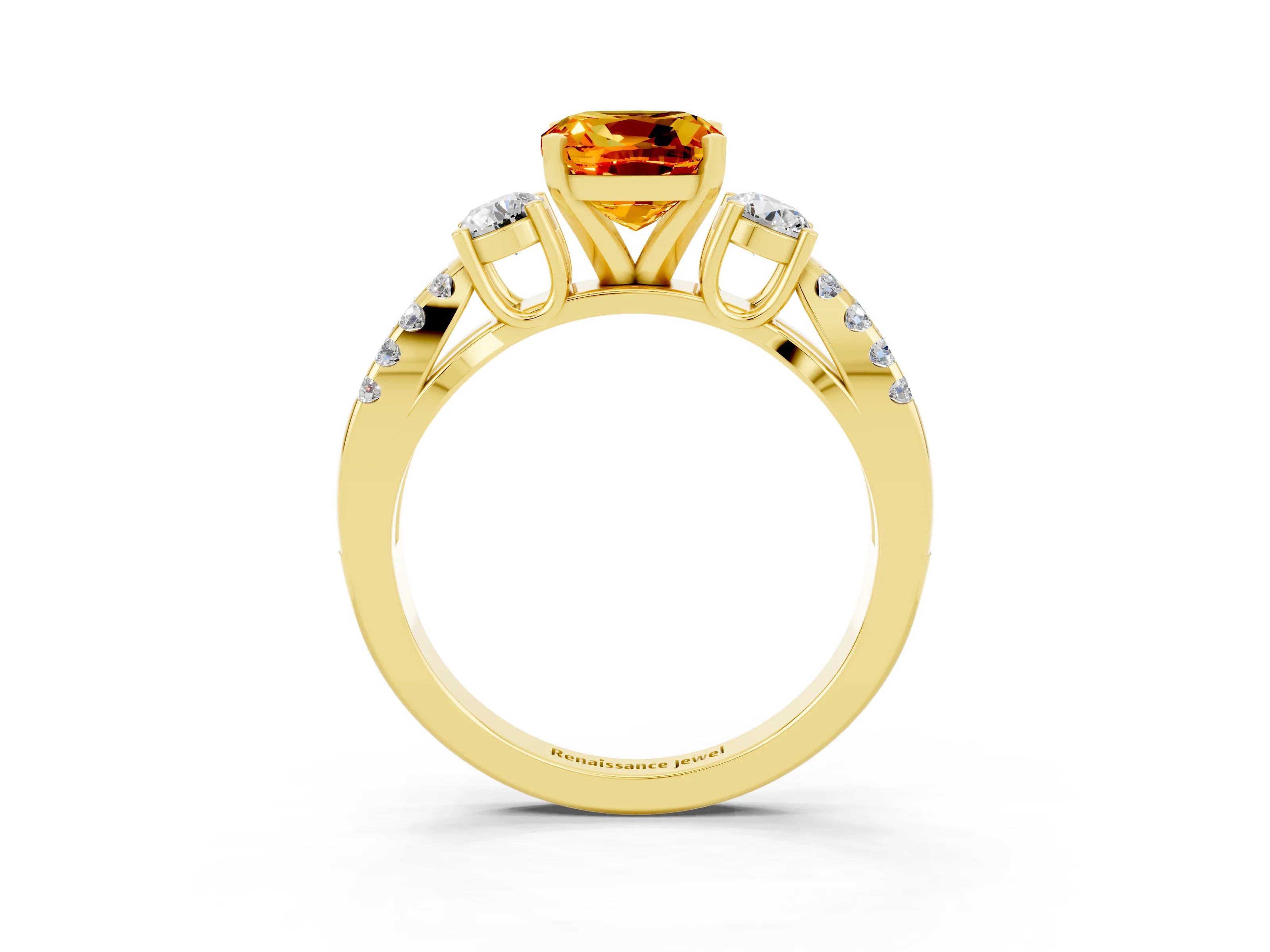 Yellow gold Cushion Cut Citrine Three-Stone Ring with Pavé Split Shank and Four-Prong Setting_15