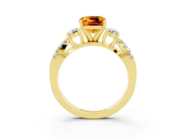 Yellow gold Cushion Cut Citrine Three-Stone Ring with Pavé Split Shank and Four-Prong Setting