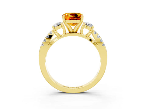 Yellow gold Cushion Cut Citrine Three-Stone Ring with Pavé Split Shank and Four-Prong Setting_15