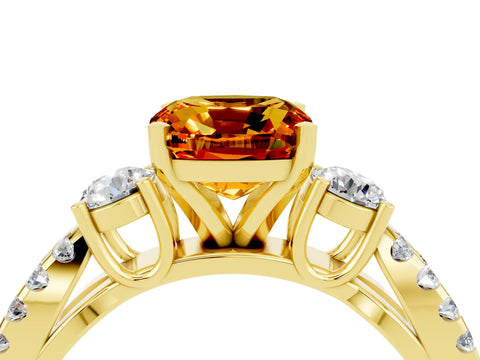 Yellow gold Cushion Cut Citrine Three-Stone Ring with Pavé Split Shank and Four-Prong Setting_16