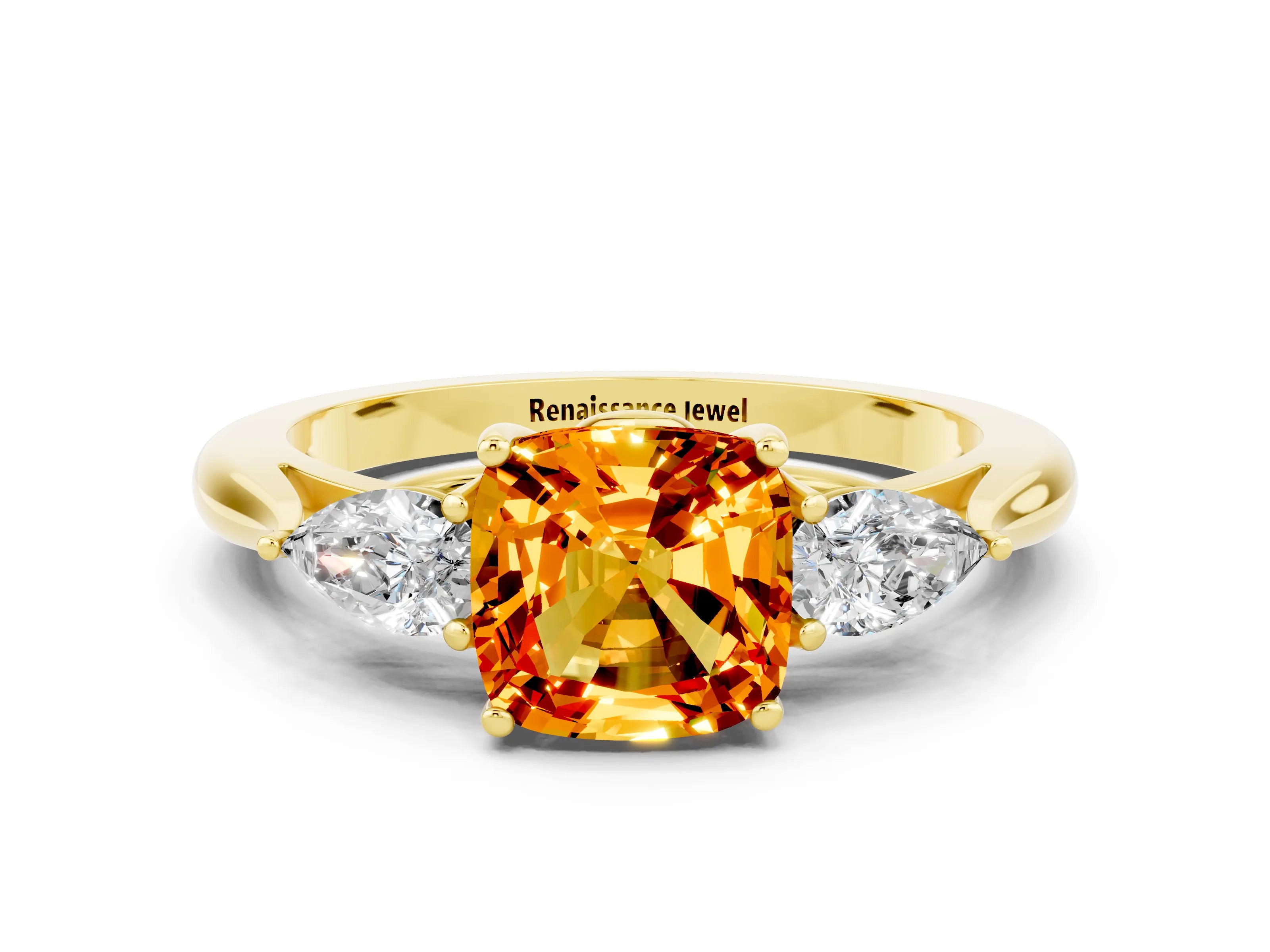 Yellow gold Cushion Cut Citrine Three-Stone Ring with Pear Side Stones and Four-Prong Setting_12