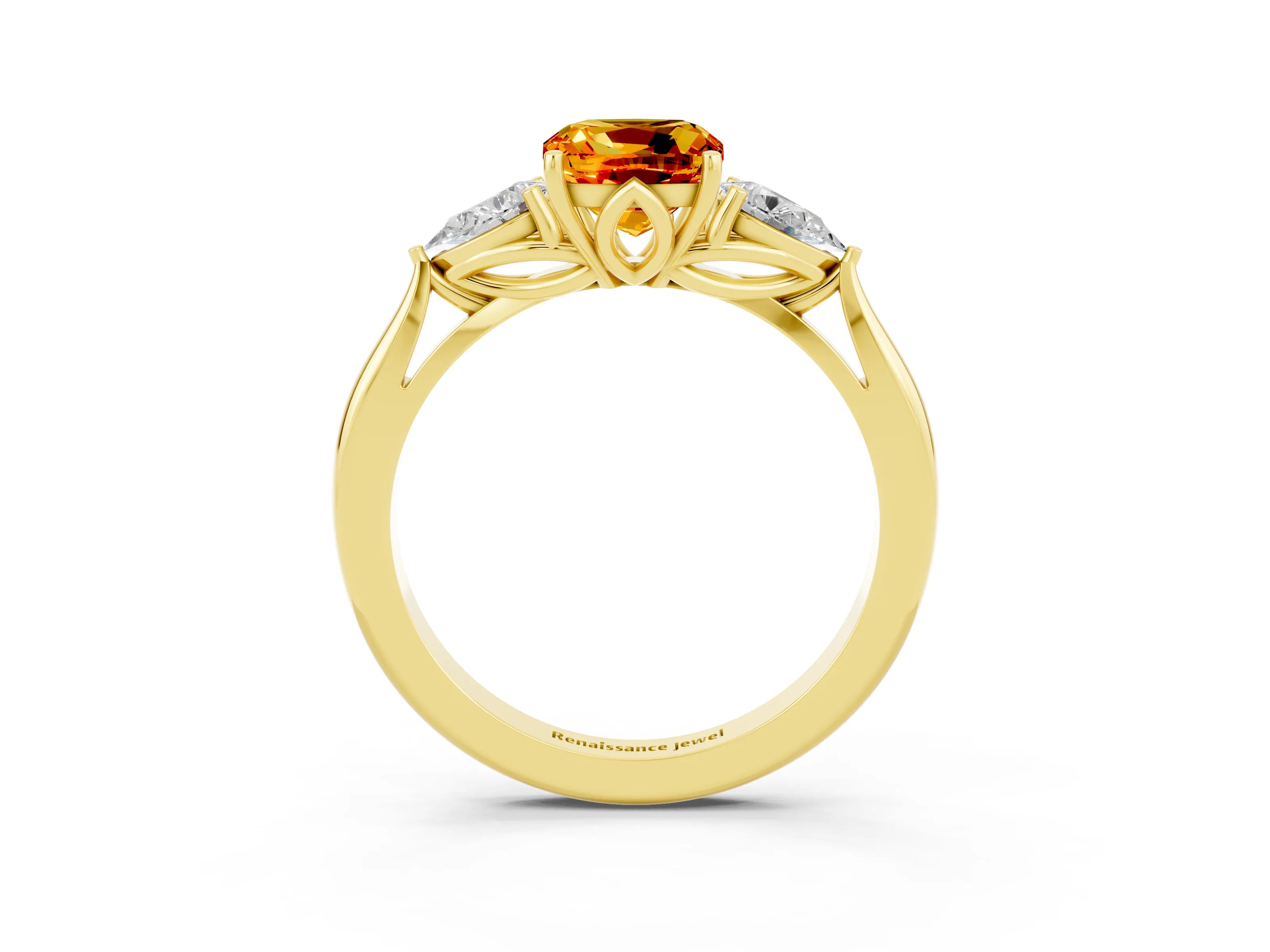 Yellow gold Cushion Cut Citrine Three-Stone Ring with Pear Side Stones and Four-Prong Setting_15