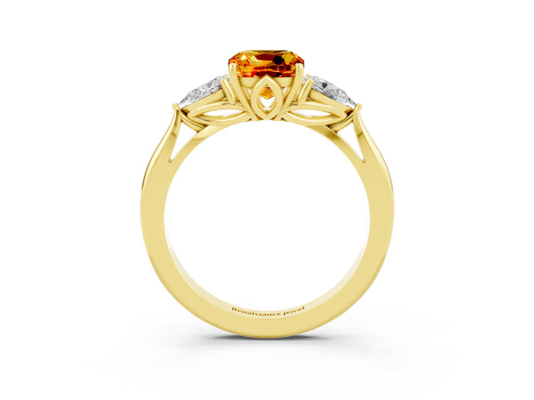 Yellow gold Cushion Cut Citrine Three-Stone Ring with Pear  Side Stones and Prong Setting