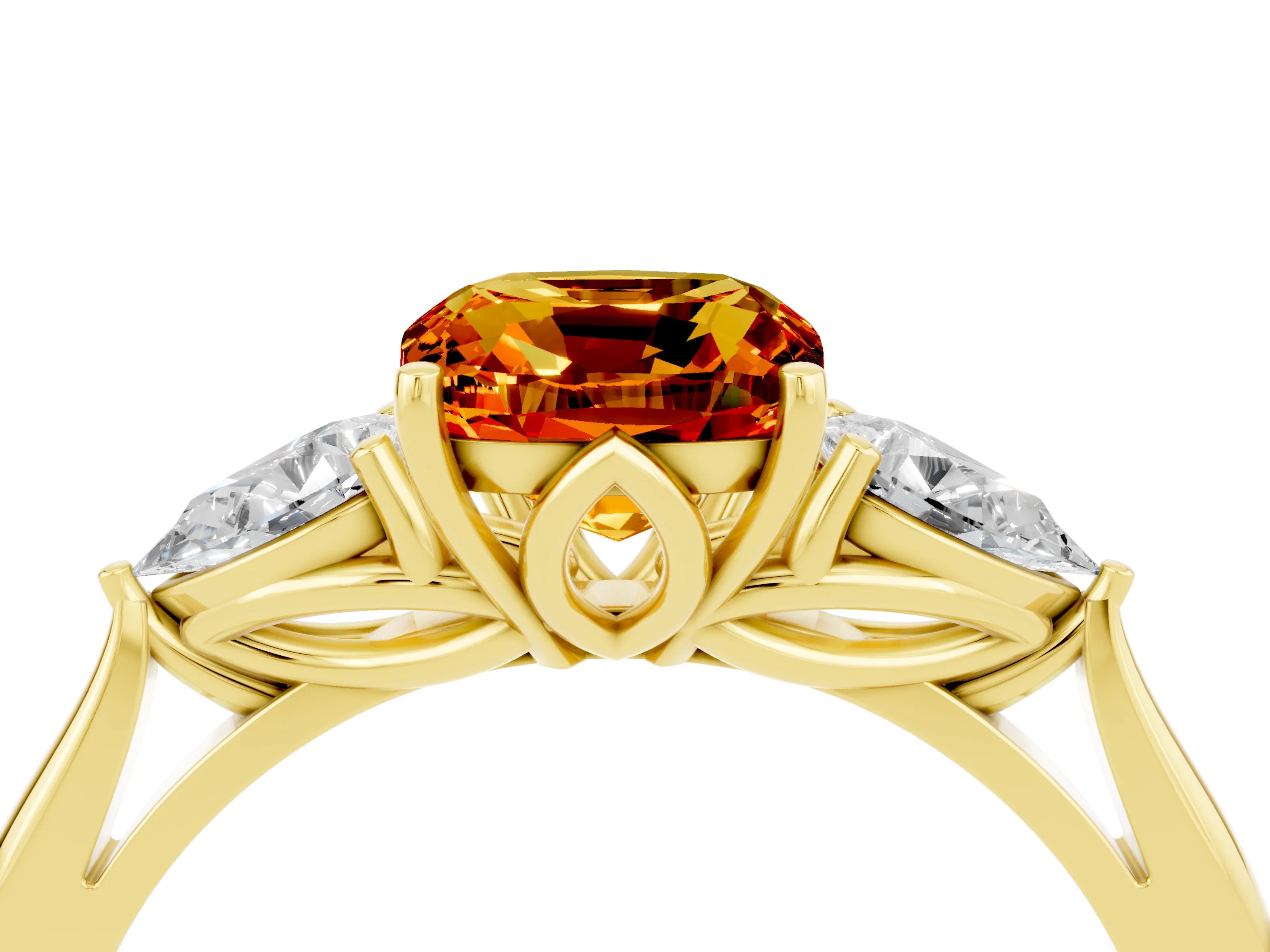 Yellow gold Cushion Cut Citrine Three-Stone Ring with Pear Side Stones and Four-Prong Setting_16