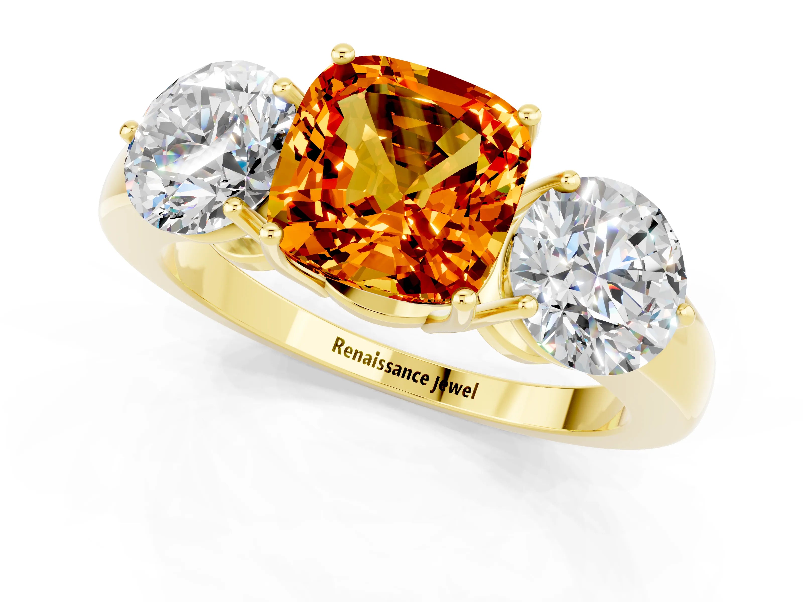 Yellow gold Cushion Cut Citrine Three-Stone Ring with Prong Setting and Classic Band_1