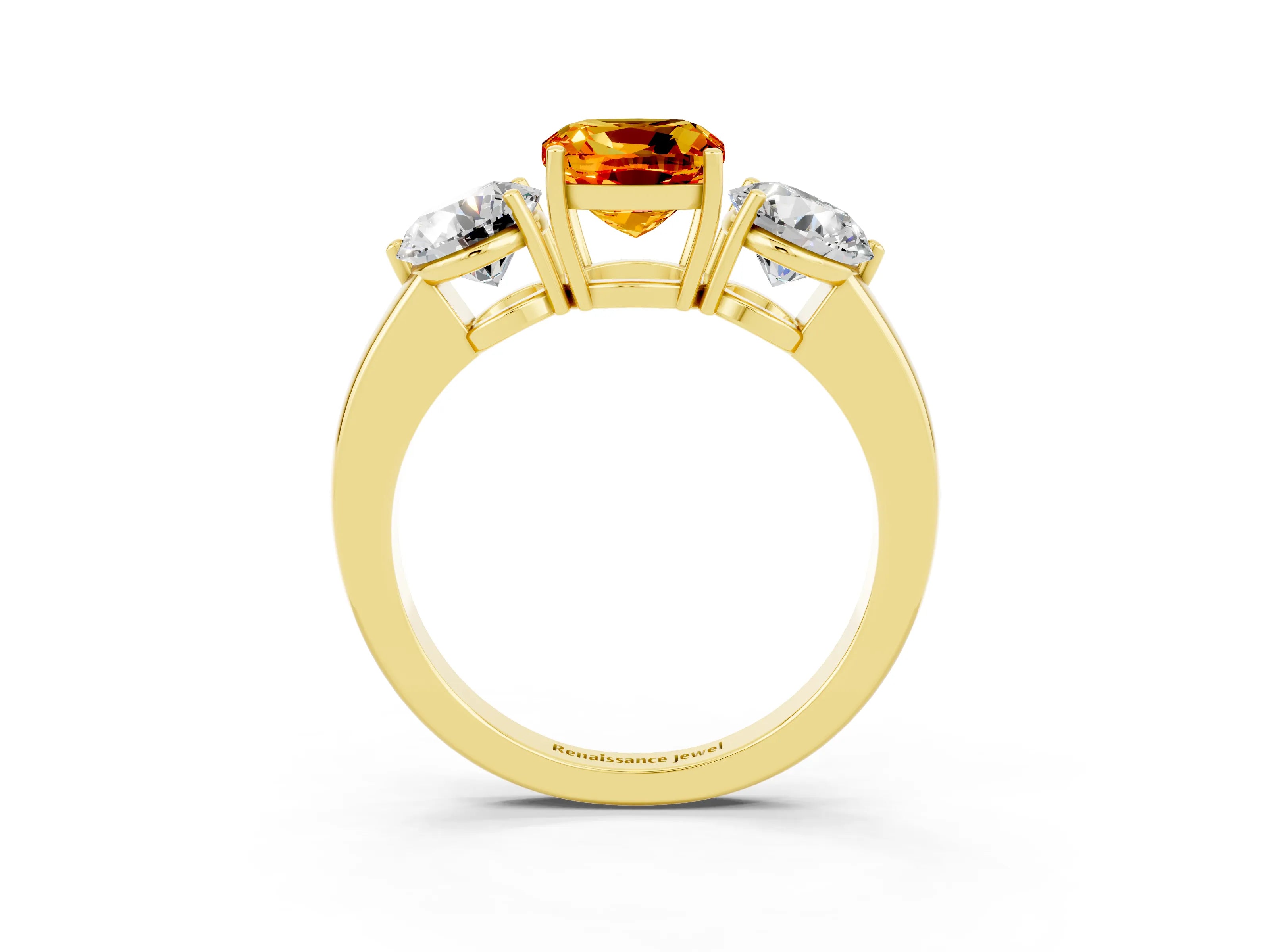 Yellow gold Cushion Cut Citrine Three-Stone Ring with Prong Setting and Classic Band_3