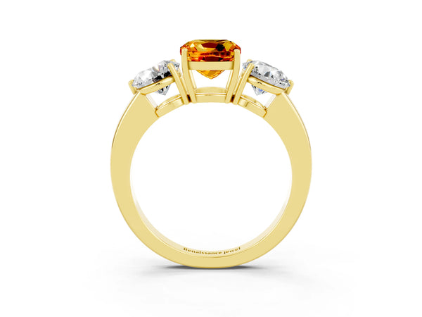 Yellow gold Cushion Cut Citrine Three-Stone Ring with Prong Setting and Classic Band