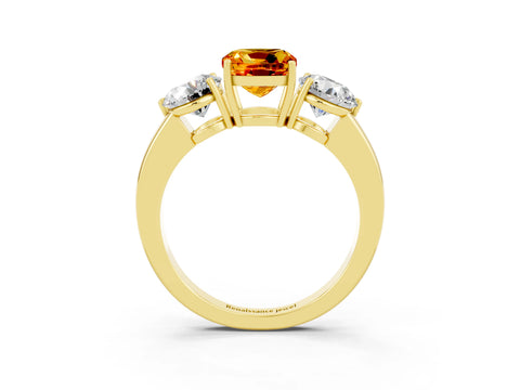 Yellow gold Cushion Cut Citrine Three-Stone Ring with Prong Setting and Classic Band_3