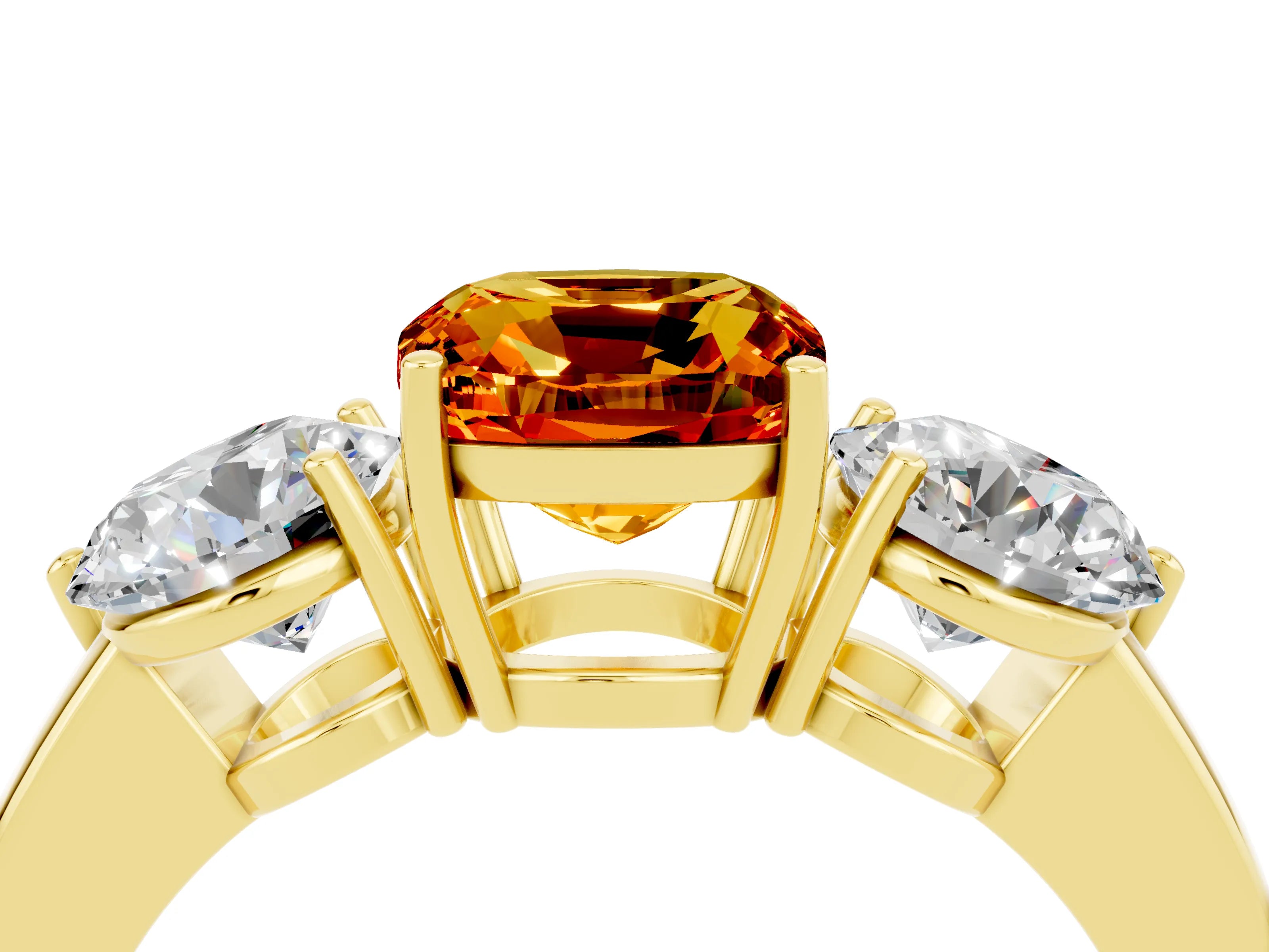 Yellow gold Cushion Cut Citrine Three-Stone Ring with Prong Setting and Classic Band_4